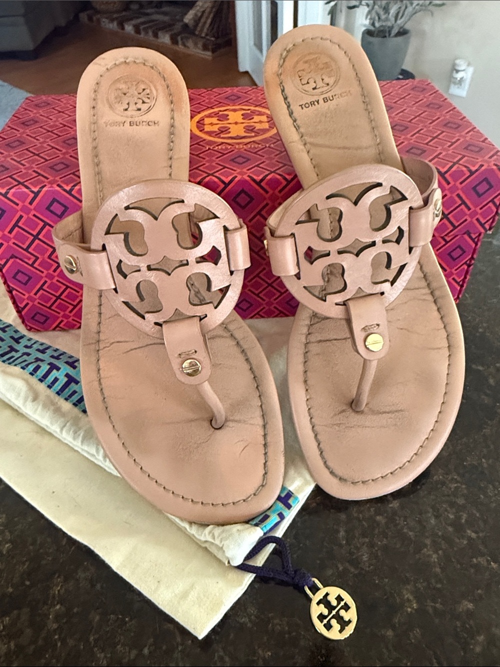 Tory Burch Light Makeup Leather Miller Logo Thong Sandals